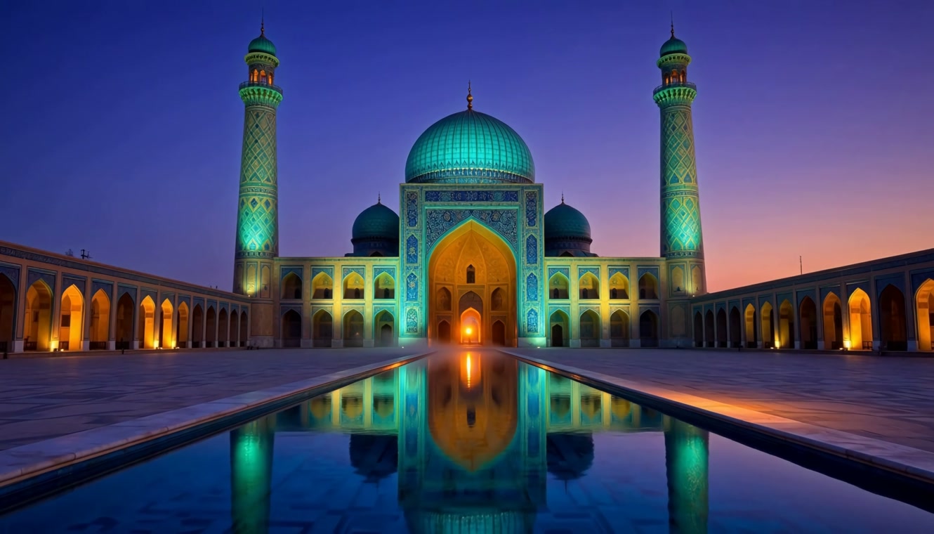 Turquoise domes over the courtyard pool at blue hour