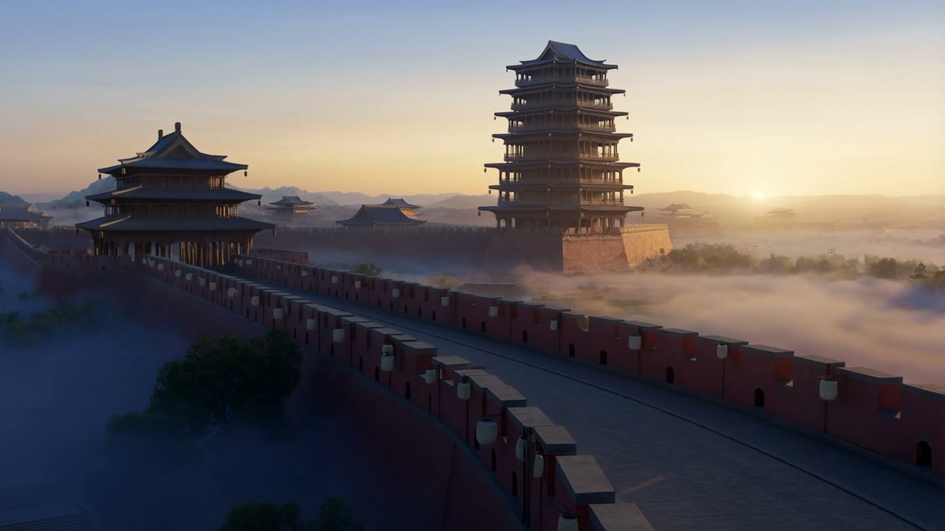 Fog lifts over the pagoda and the long wall