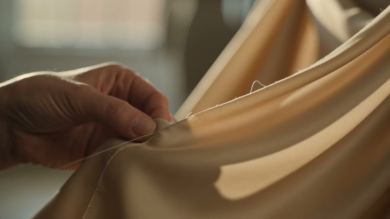 Hands hemming raw silk in the atelier