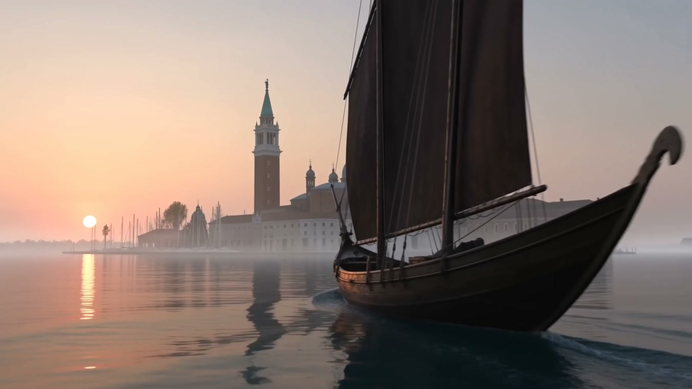 A lateen sail glides past the campanile at sunrise