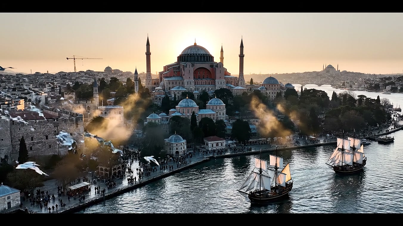 Aerial over Hagia Sophia at golden hour