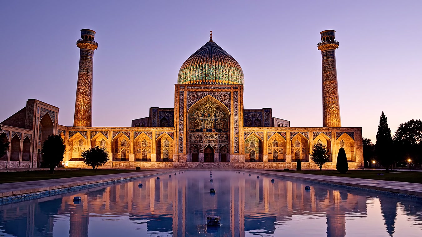 A tiled dome mirrored in the reflecting pool at dusk